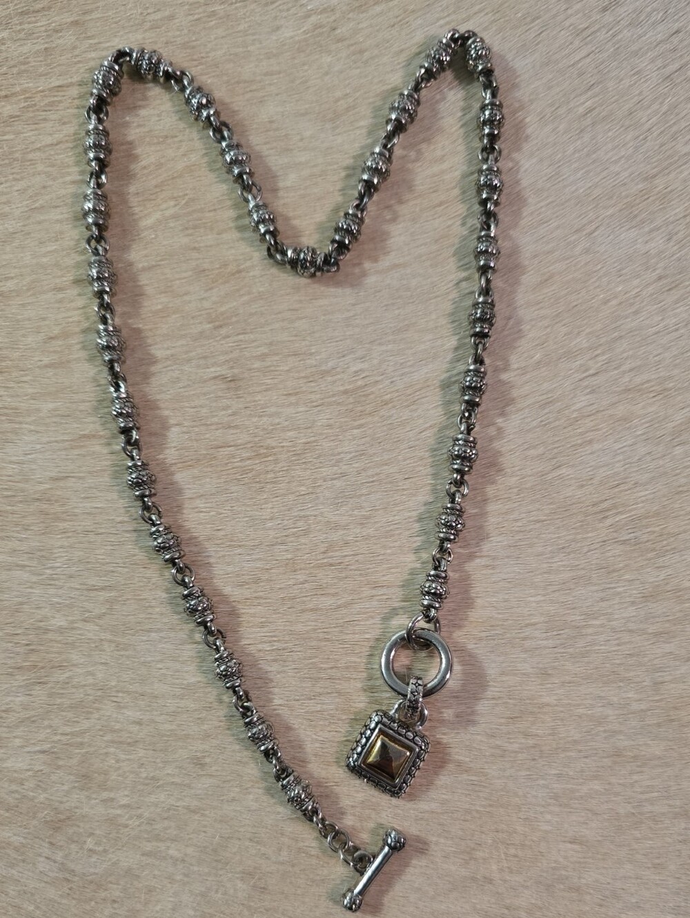 Silver-Tone Beaded Toggle Necklace with Brown Stone Pendant